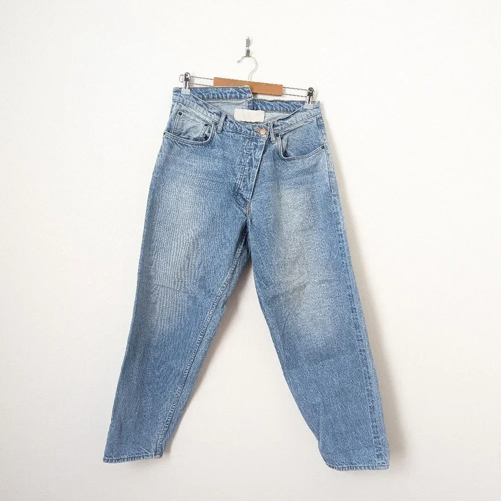 Monse light wash blue indigo denim criss cross Deconstructed Boyfriend Jeans